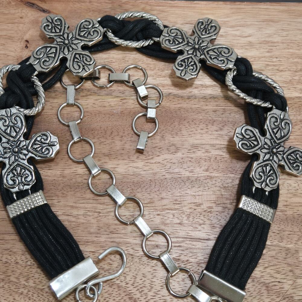 Vintage Multi Strand Cord Belt Silver Cross Concho Black Adjustable Boho 29 Inch